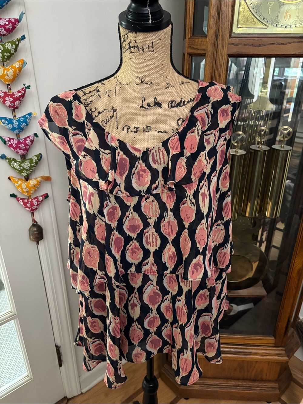 Massimo Black and Pink Printed Ruffle Sleeve Tunic